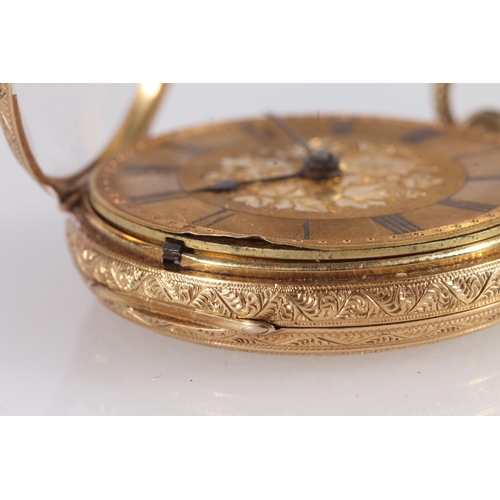 273 - Late Victorian 18ct gold pocket watch, the fancy engraved case with brushed gold dial, Roman numeral... 