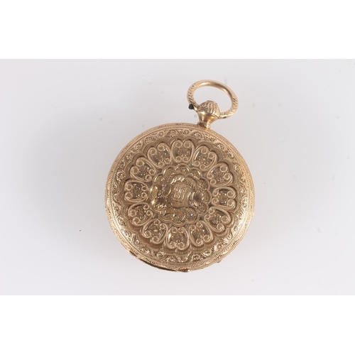 273 - Late Victorian 18ct gold pocket watch, the fancy engraved case with brushed gold dial, Roman numeral... 