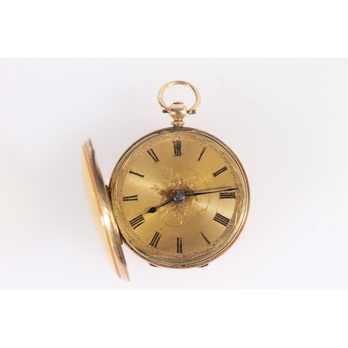 275 - 18ct gold cased open face key wound pocket watch, the engraved dial with Roman numeral chapter ring,... 