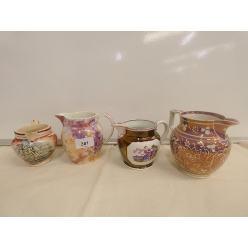 361 - Four antique early Sunderland Lusterware jugs.