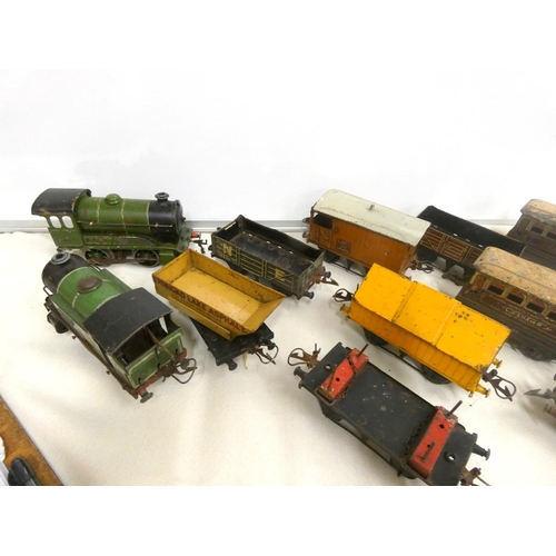 374 - Large box of 0-gauge rolling stock and locomotives.