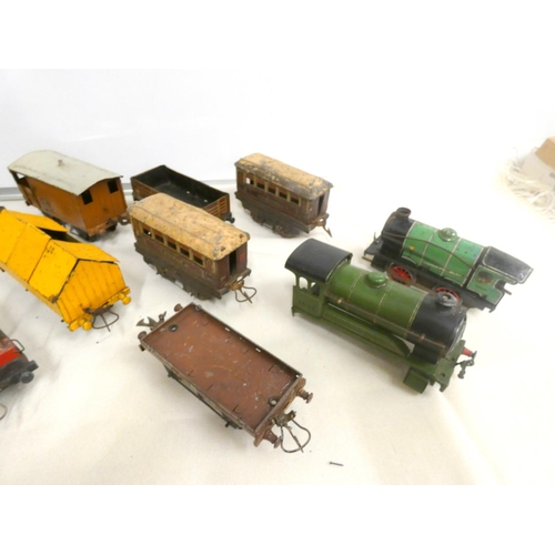 374 - Large box of 0-gauge rolling stock and locomotives.