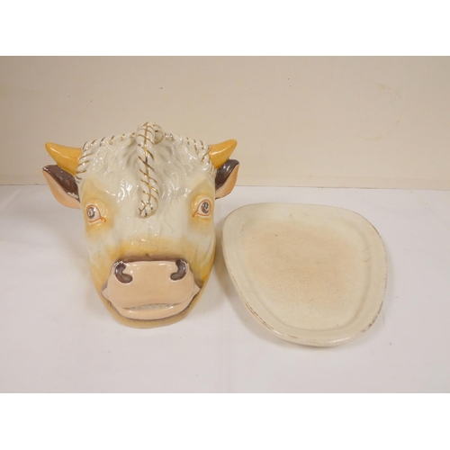 184 - 19th century Staffordshire pottery bull head tongue/cheese cover. Rd No.264998. Height 16cms, Length... 