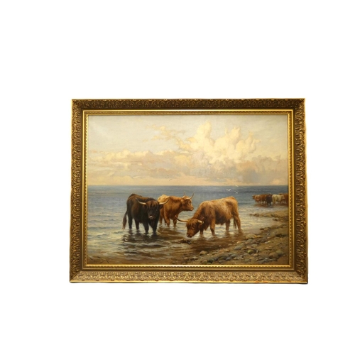 321 - Wright Barker (1864 - 1941)Highland Cattle on the Shore.Oil on canvas.Signed.76cms. x 100cms.... 