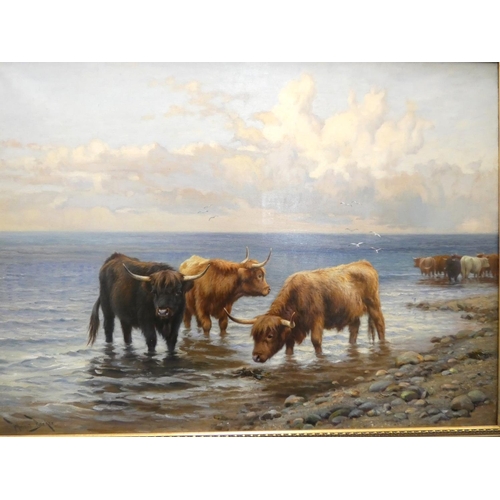 321 - Wright Barker (1864 - 1941)Highland Cattle on the Shore.Oil on canvas.Signed.76cms. x 100cms.... 