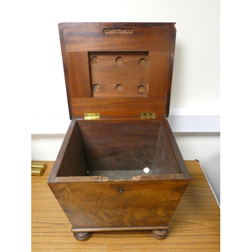 403 - 19th century mahogany cellarette of square sarcophagus form raised on turned bun feet. Height 43cm, ... 