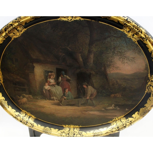 619 - Victorian oval papier mache tray table, the table top painted with a rustic cottage family scene wit... 