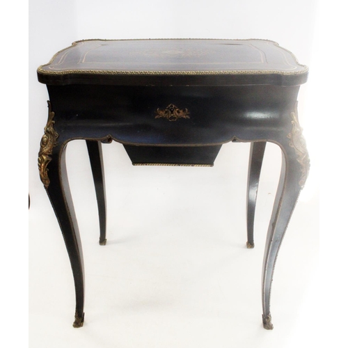 629 - French ebonised boulle work table, 19th century, the inlaid surface opening to reveal internal mirro... 