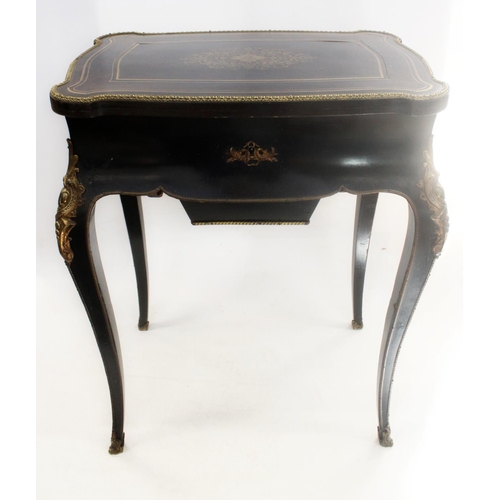 629 - French ebonised boulle work table, 19th century, the inlaid surface opening to reveal internal mirro... 