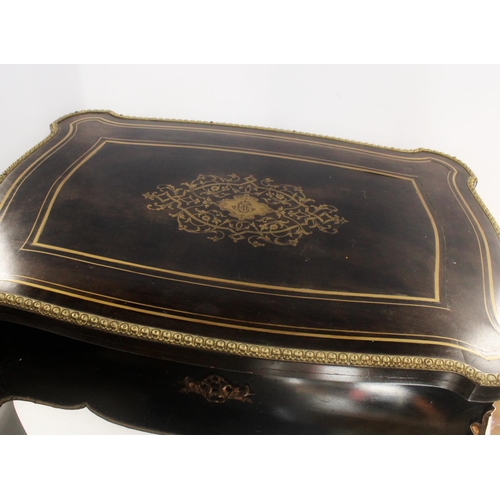 629 - French ebonised boulle work table, 19th century, the inlaid surface opening to reveal internal mirro... 