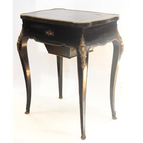 629 - French ebonised boulle work table, 19th century, the inlaid surface opening to reveal internal mirro... 