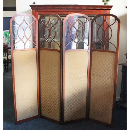 635 - Mahogany folding dressing screen, the four panels with shaped arch tops and glazed sections, H178cm.