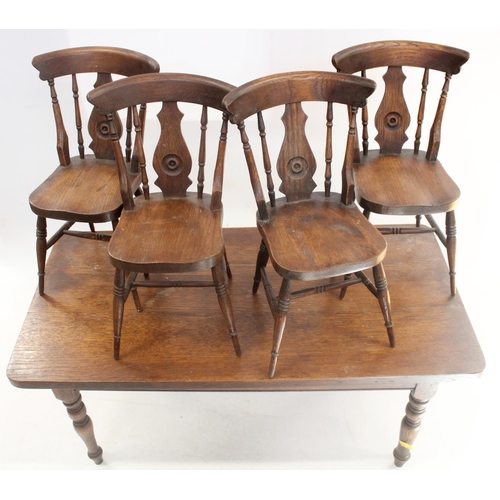 636 - Early 20th century small apprentice piece oak dining table and matching wheelback chairs, table L61c... 