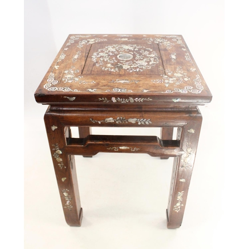 637 - Chinese hardwood and mother of pearl occasional table, the square top over high stretcher and straig... 