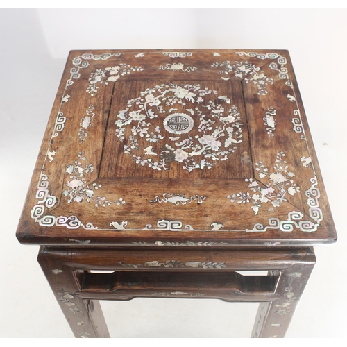 637 - Chinese hardwood and mother of pearl occasional table, the square top over high stretcher and straig... 