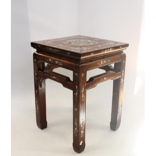 637 - Chinese hardwood and mother of pearl occasional table, the square top over high stretcher and straig... 