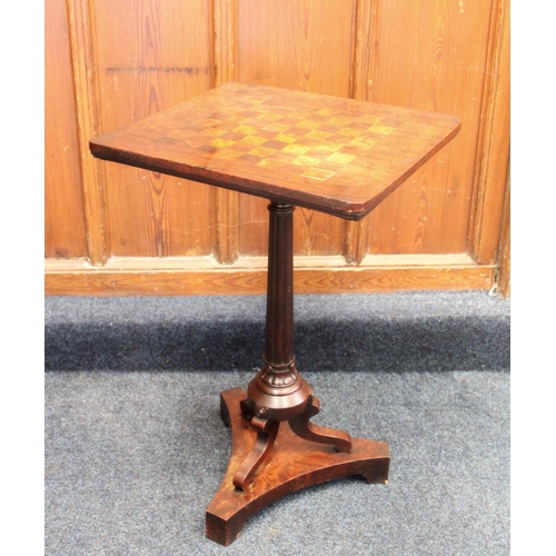 641 - Victorian mahogany chess board topped occasional table, the square top on a carved pedestal triparti... 