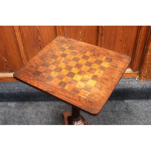 641 - Victorian mahogany chess board topped occasional table, the square top on a carved pedestal triparti... 