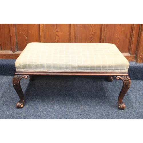 643 - Victorian upholstered ottoman stool on scrolled cabriole legs, W93cm.