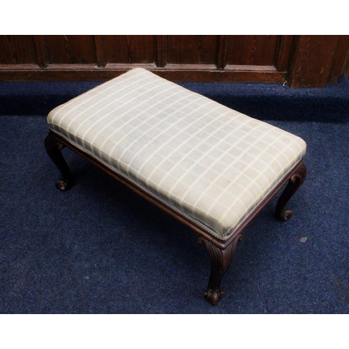 643 - Victorian upholstered ottoman stool on scrolled cabriole legs, W93cm.