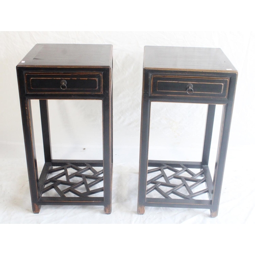 621 - Pair of ebonised Chinese side tables, with frieze drawer on straight legs united by pierced under ti... 