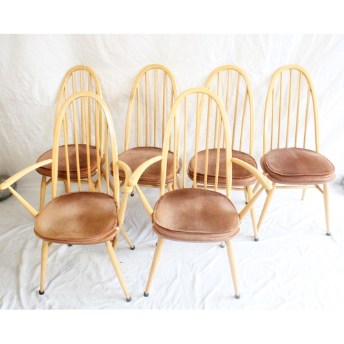 625 - Set of four Ercol light elm Windsor quaker stick back dining chairs together with two matching carve... 