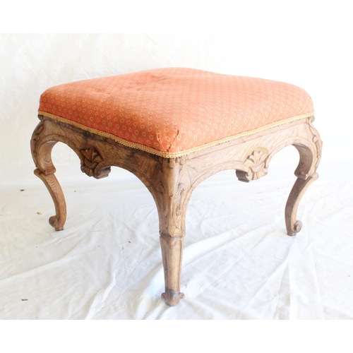 649 - Antique French oak centre stool, the salmon coloured fabric upholstered square stuff over seat raise... 