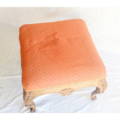 649 - Antique French oak centre stool, the salmon coloured fabric upholstered square stuff over seat raise... 