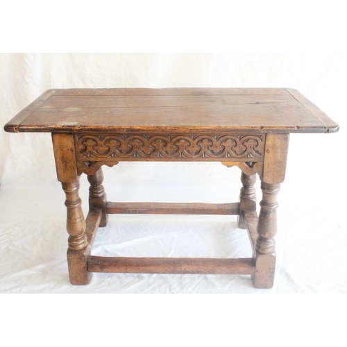 651 - Antique oak Carolean Revival style joined oak side or refectory table, the three plank top above car... 