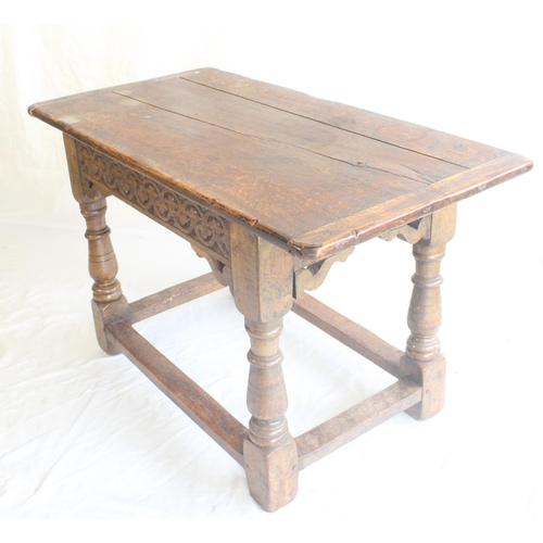 651 - Antique oak Carolean Revival style joined oak side or refectory table, the three plank top above car... 