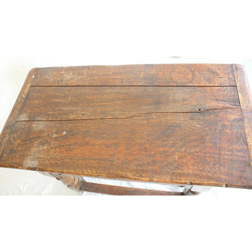 651 - Antique oak Carolean Revival style joined oak side or refectory table, the three plank top above car... 