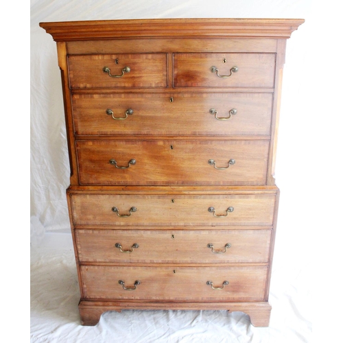 653 - Antique crossbanded mahogany chest on chest, the moulded cornice above a pair of short frieze drawer... 