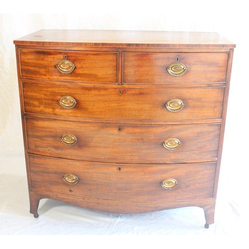 658 - Antique mahogany and string inlaid bow front chest of drawer, the D shaped top with cross banded edg... 