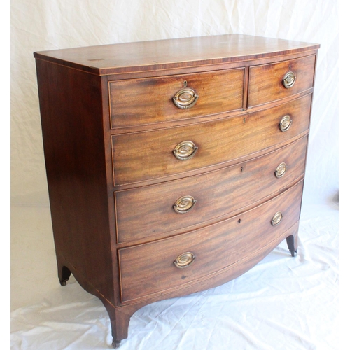 658 - Antique mahogany and string inlaid bow front chest of drawer, the D shaped top with cross banded edg... 