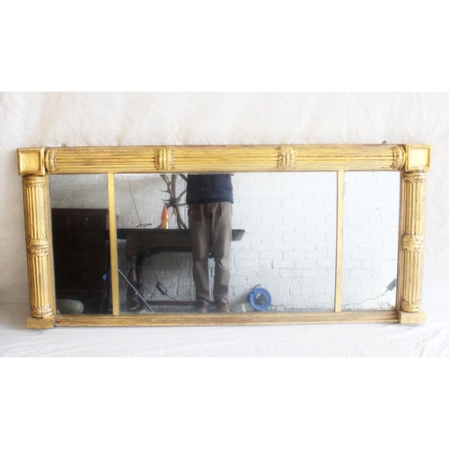 663 - Regency gilt wood triptych overmantle mirror, the plate glass framed by reeded columns, 170cm x 76cm... 