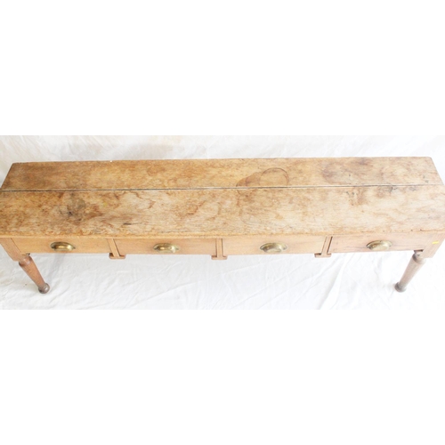 664 - Pair of Arts & Crafts style oak low benches, the rectangular top above four frieze drawers, rais... 