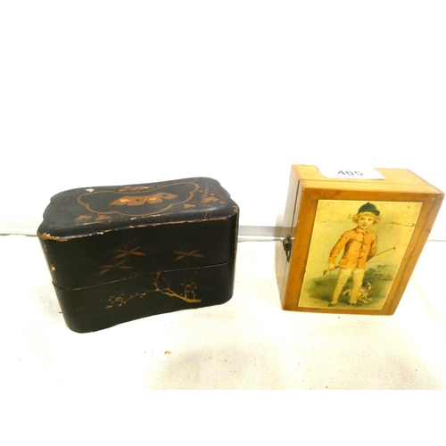 405 - Antique lacquered card case and transfer printed box.