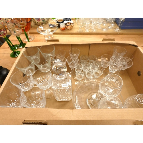 428 - Collection of cut and other glassware to include decanters, drinking glasses etc.