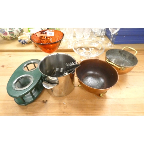 430 - Collection of various items to include two copper bowls, art glass, ice bucket etc.