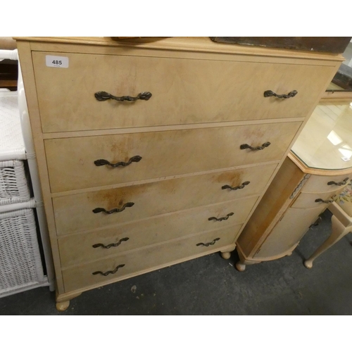 485 - Large, cream chest of five drawers.