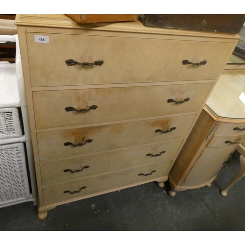 485 - Large, cream chest of five drawers.