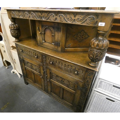 487 - Large Priory style carved oak court cupboard.