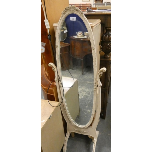 489 - White painted cheval mirror with gilt highlights.