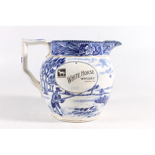 1090 - Shelley White Horse blended whisky advertising water jug with blue and white transfer printed huntin... 