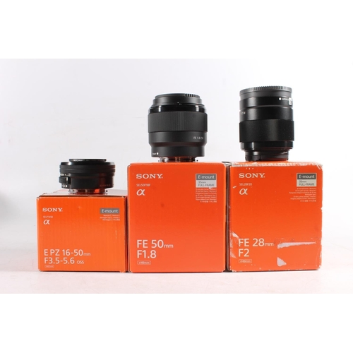 1130 - Sony Alpha series camera lens SEL50F18F FE 50mm F1.8 49mm, serial number 2231795, boxed, also SEL28F... 