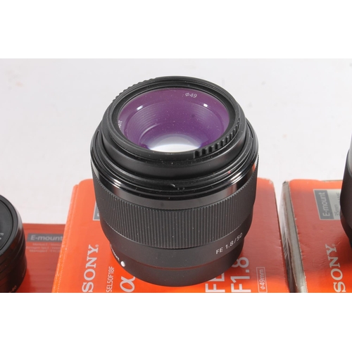 1130 - Sony Alpha series camera lens SEL50F18F FE 50mm F1.8 49mm, serial number 2231795, boxed, also SEL28F... 