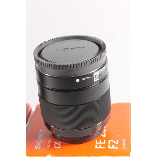 1130 - Sony Alpha series camera lens SEL50F18F FE 50mm F1.8 49mm, serial number 2231795, boxed, also SEL28F... 