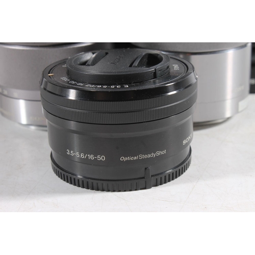 1132 - Sony camera lenses to include SAL55200 DT4-5.6/55-200 55mm lens, serial number 1858843, SEL55210 4.5... 