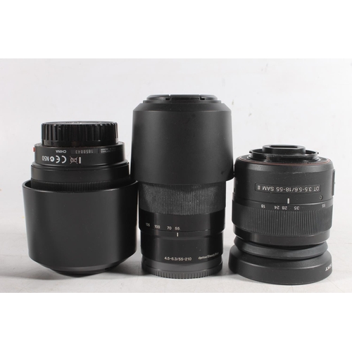 1132 - Sony camera lenses to include SAL55200 DT4-5.6/55-200 55mm lens, serial number 1858843, SEL55210 4.5... 