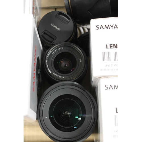 1147 - Samyang 35 1.4mm FE 67mm camera lens boxed, 14mm 2.8 FE camera lens boxed, Samyang 24mm 1.8 FE 58mm ... 